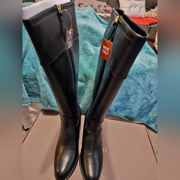 Franco Sarto Black Leather Knee High Wide Calf Boots - Picture 1 of 7